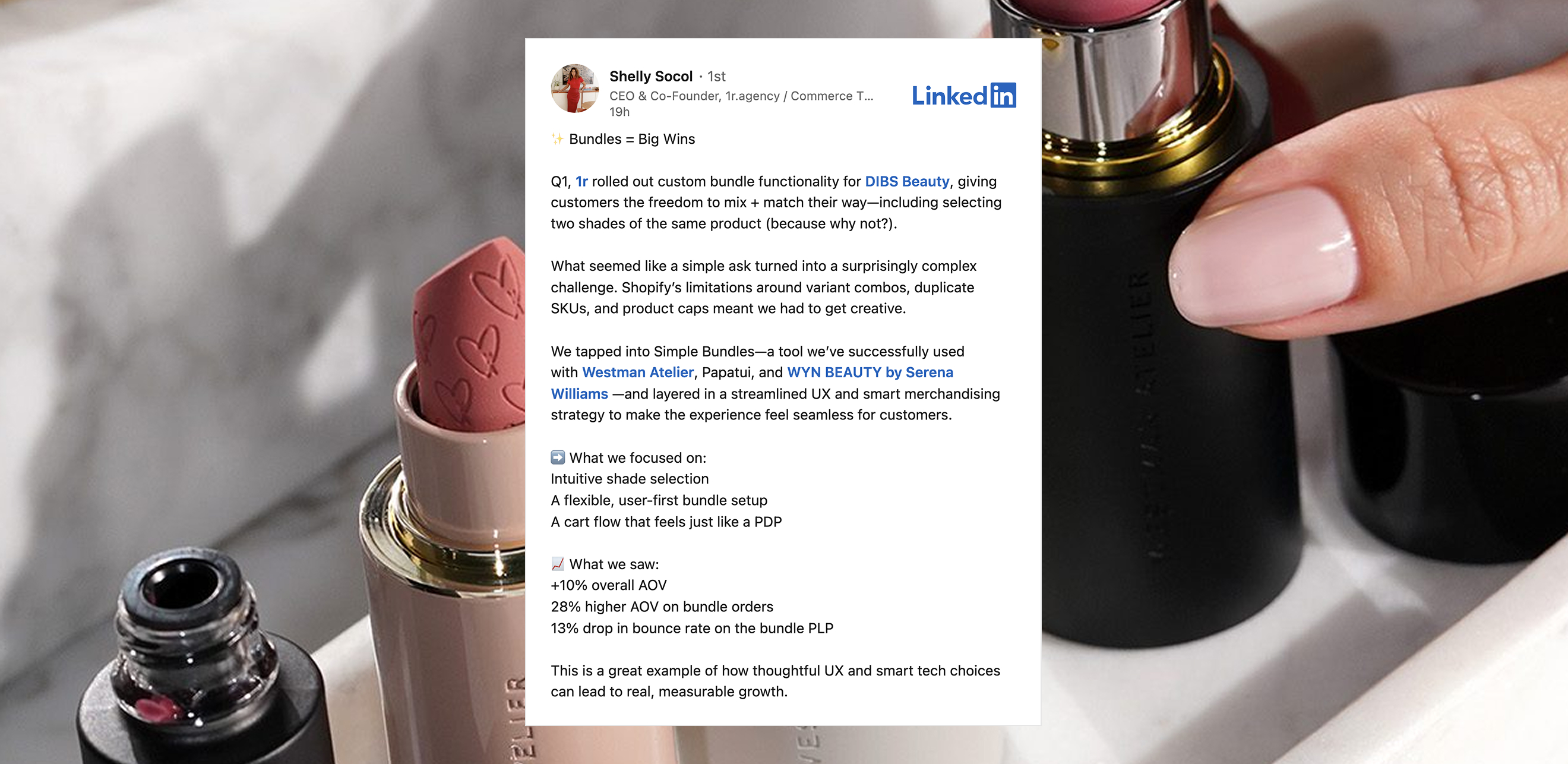 Shopify Plus success story featuring DIBS Beauty, Westman Atelier, Papatui, and WYN BEAUTY by Serena Williams via 1r Agency LinkedIn post