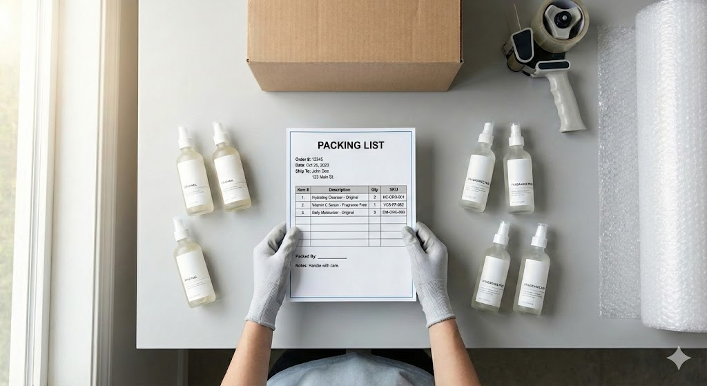 Warehouse packing station with worker holding a packing slip surrounded by similar-looking product variants