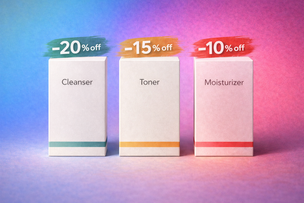 Three minimalist skincare product boxes labeled Cleanser, Toner, and Moisturizer, each showing a different discount percentage, displayed against a colorful gradient background.